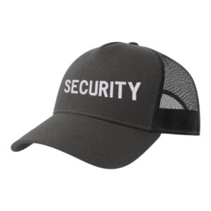 Καπέλο Trucker μαύρο με κεντημένο σχέδιο security με λευκή κλωστή.
