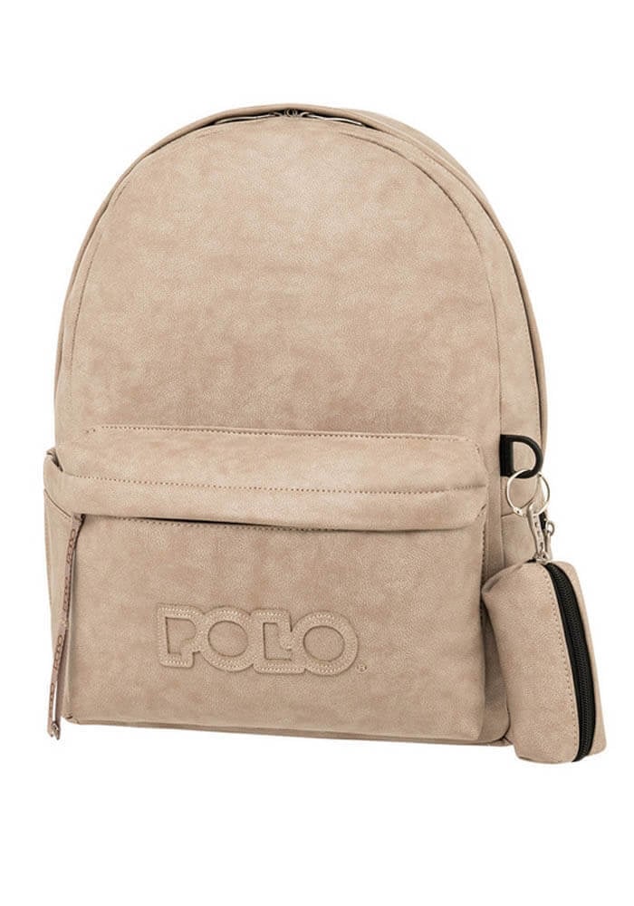 Polo Gecko Σχολική Τσάντα Πλάτης Γυμνασίου - Λυκείου με Θήκη για Παγούρι Beige